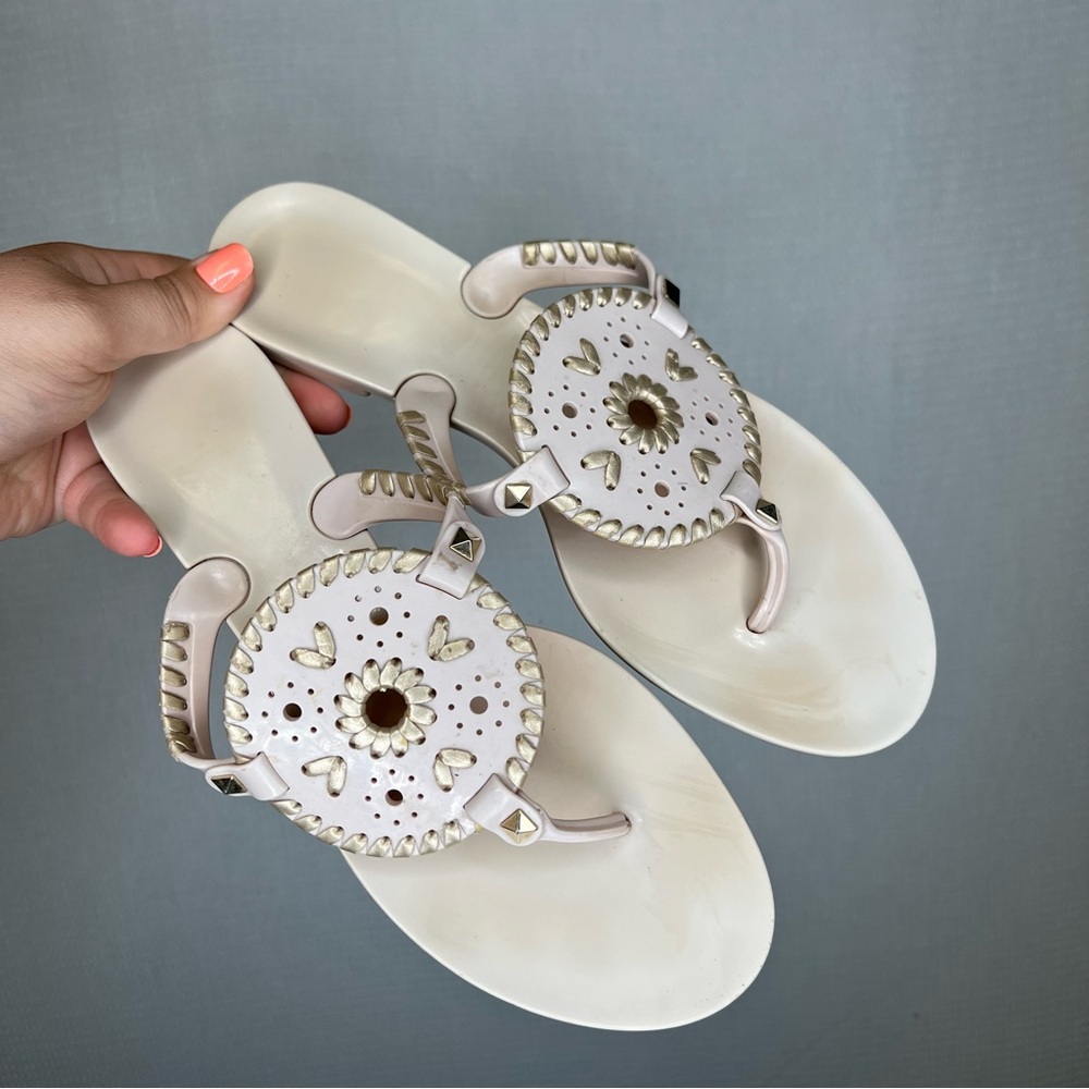 Jack Rogers | Size 10 Cream Sandals with‎ Perforated Disc Design and Flat Sole